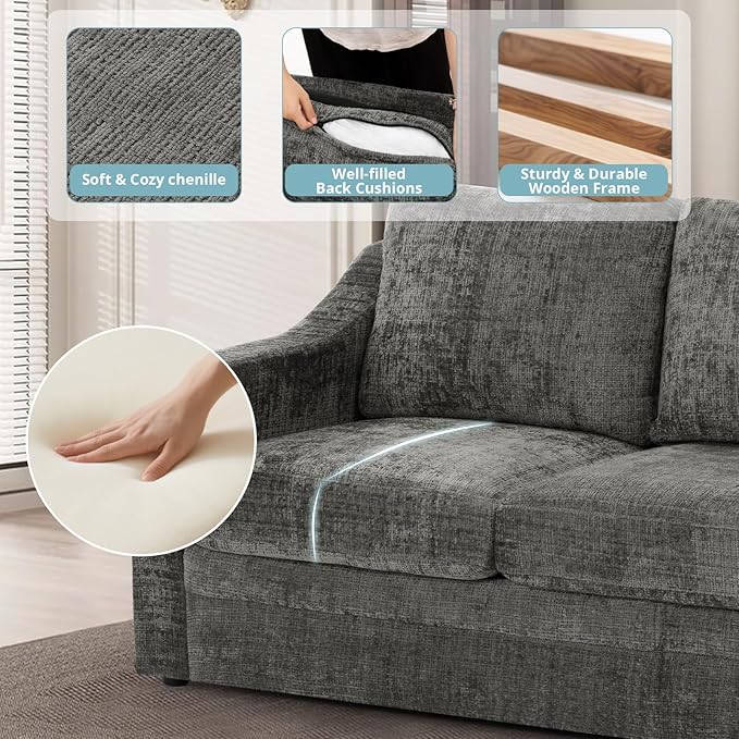 ACMEASE 67” Chenille 2-Seat Sofa w/Comfortable Back Cushions, Modern Love Seat w/Deep Seat Space, Upholstered 2 Seater Couch w/High Resiliency Foam for Living Room, Office Grey