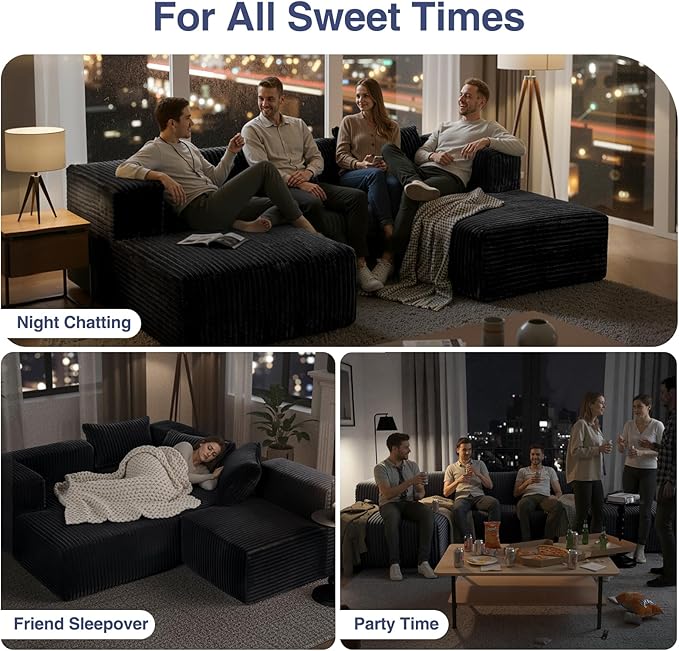 Favoduerme 117” Cloud Sectional Couch for Living Room, L-Shape Modular Convertible Sofa with Chaise, 4 Seater Boneless Couch for Apartment, Large Seat Sofa with Throw Pillow, No Assembly, Black