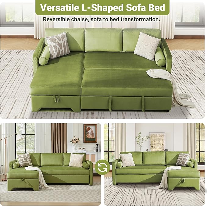 Tbfit 90.6'' 3 in 1 Sleeper Sofa Couch with Storage Chaise, Velvet Sofa Bed with Pull Out Bed, Convertible Sleeper Sofas for Living Room, Small Spaces, Green
