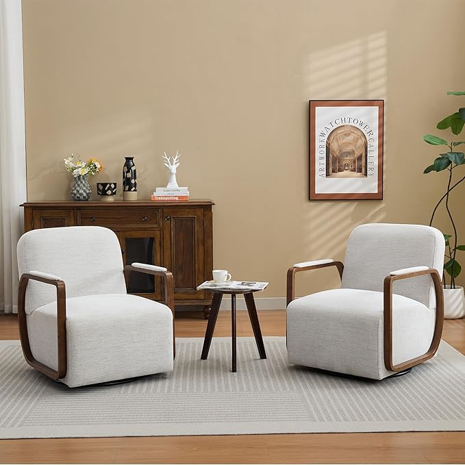 CACFTII 32" Chenille Upholstered Swivel Accent Chairs Set of 2, 360° Rotating Metal Base Modern Lounge Chair with Wooden Armrests for Living Room Bedroom, Beige