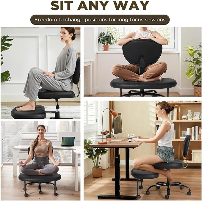 HOMHUM Ergonomic 360 Swivel Cross Legged Chair, Adjustable Height Active Sitting Chair with Lumbar Support, Multifunctional Wheeled Meditation Floor Chair for Gaming, Yoga, Black