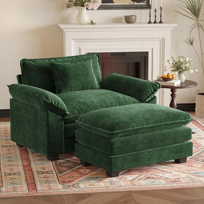 HUSFU Chenille Oversized Chair with Ottoman,49.5" Comfy Cloud Chair with Deep Seat and Extra Wide Armrests,Single Armchair for Bedroom, Living Room,Green