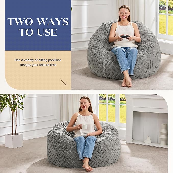 Hobestluk Bean Bag Chairs Adults Beanbag Chair with Filler Large Bean Bags with Fluffy Embossed Cover, Giant Bean Bag Chairs for Adults (Grey, 3FT - 36” x 36” x 22”)