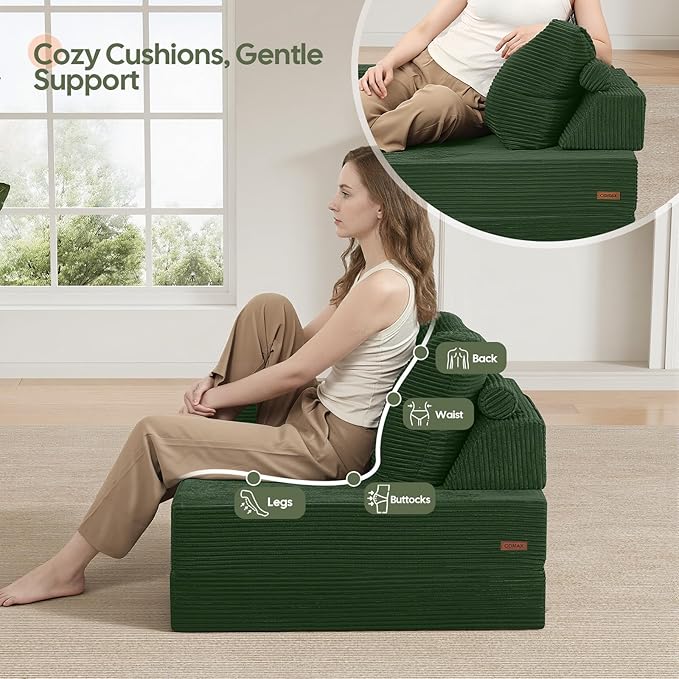 COMAX Folding Sofa Bed, Foldable Couch for Bedroom, Corduroy Convertible Floor Sleeper Futon Chair Foam, 3 in 1 Fold Out Chair Portable Comfy Lounge Couch Single Sofa Bed for Small Space Guest Room