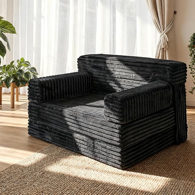 Folding Sofa Bed,Convertible Sofa Bed with Armrest Foldable Sleeper Chair, Portable Folding 4-in-1 Floor Sofa with Convertible Lounge Chair for Living Room,Bedroom,Washable Cover,Black Single