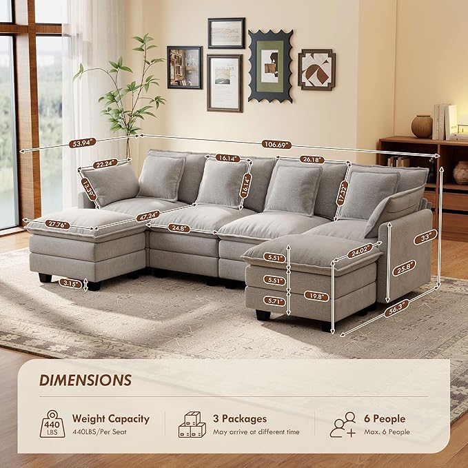 Ihanherry 106" U-Shaped Modern Sofa Modular Sectional Cloud Couch 6-Seat Chenille Seat Sofa with Ottoman for Living Room, Bedroom and Apartment, Grey