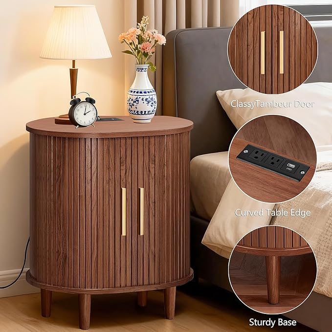 DHH Mid Century Modern Nightstand Set of 2 with Charging Station, Fluted Accent Side Table with Sliding Door & Adjustable Shelf, End Table for Small Space, Living Room, Bedroom,Sofa Couch(2, Walnut)