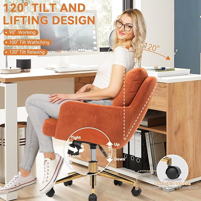 BALIAA Flannel Office Chair, Comfy Home Office Desk Chairs with Lumbar Support, Modern Velvet Desk Chair Gold Legs Small Swivel Task Chair for Home Office, Bedroom, Study (Orange, L)