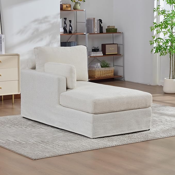 KEIKI 60" Chaise Lounge Chair Indoor, Modern Deep Seat Sofa Bed, Corduroy Couch with Cushions, Single Sleeper Chair for Living Room, Bedroom, Apartments, Lvory (Left Side)