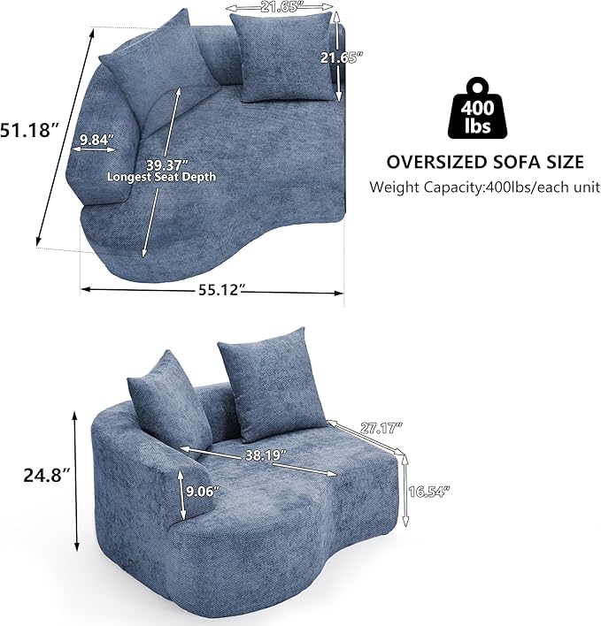 L Shaped Single Sofa, Modern Comfy Chenille Fabric Loveseat Couch, No Assembly Required Small Couch with Deep Seat, 2 Pillows for Living Room, Apartment, Bedroom