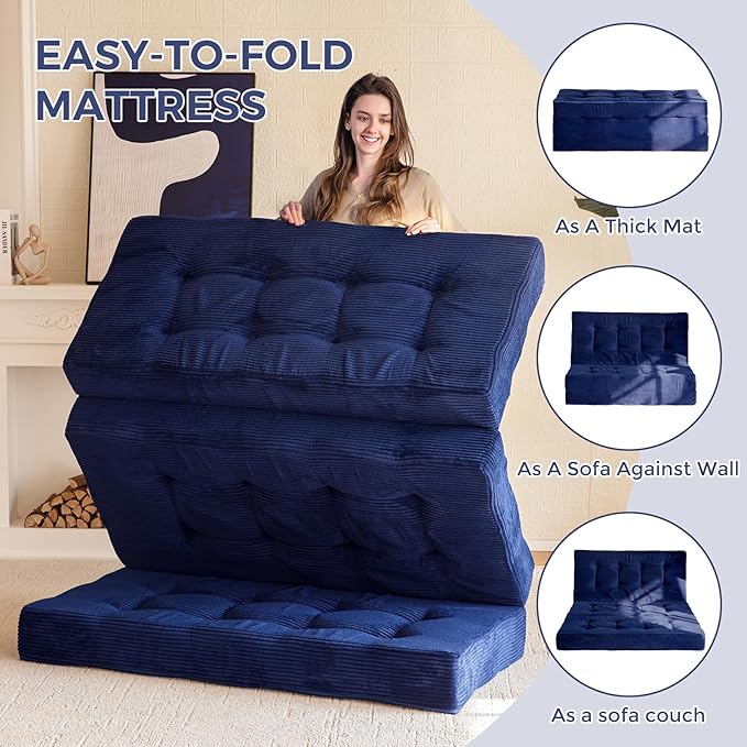 MAXYOYO Tri-Fold Mattress, 6 Inch Tufted Folding Mattress Full Foam Bed, Foldable Floor Couch Guest Bed Topper Portable Camping Sleeper with Corded Fabric, Navy, 53"x75"