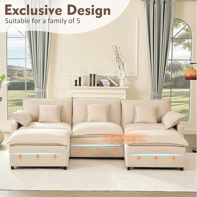 GOSUHI 108" U Shaped Couch, Modular Sectional Sofa, 3-Seater Comfy Cloud Couch with Movable Ottoman, Deep Seat Couches for Living Room, Linen, Beige