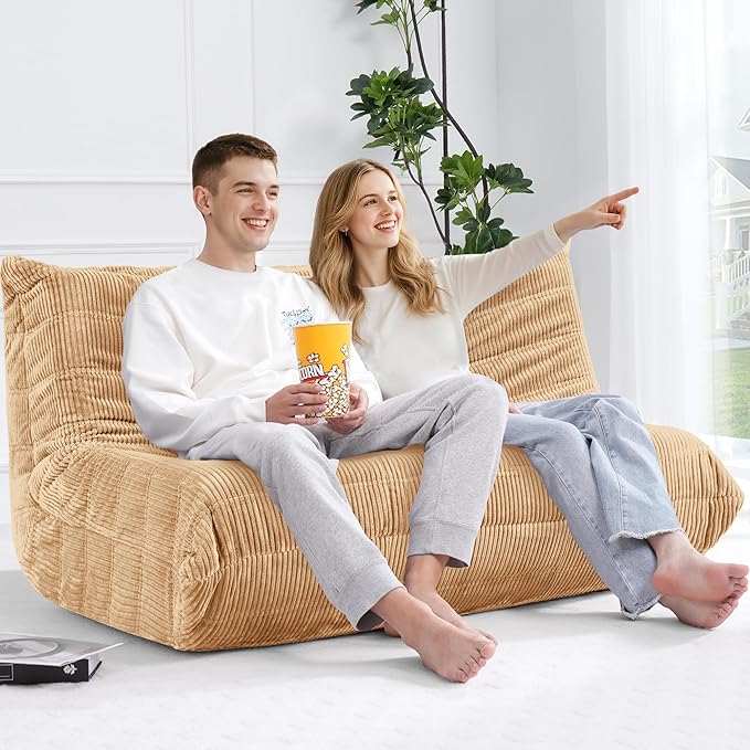 Bean Bag Chair,Giant Beanbag Chairs for Adults,Comfy Large Fireside Chair Lazy Sofa,Corduroy Bean Bag Lounger with Memory Foam Filled,Floor Sofa Couch for Home,Living Room (Khaki, Loveseat)