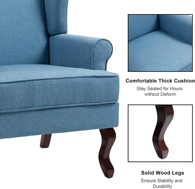 DREAMSIDEA Accent Chair, High Back Upholstered Armchair with High Resilience Sponge & Wood Legs, Mid-Century Modern Comfy Single Sofa Reading Chairs for Living Room, Bedroom (Blue, Set of 2)