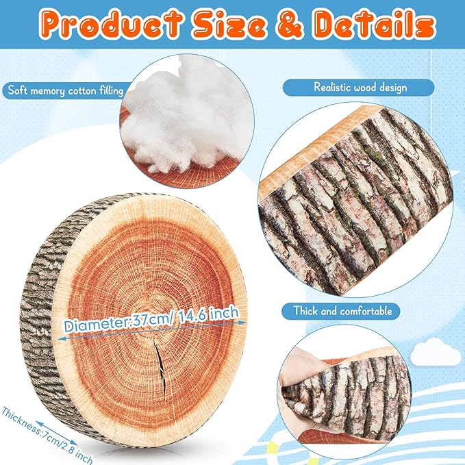 Juexica 6 Pcs Decorative Soft Round Throw Pillow Circle Seating Tree Stump Pillow 3D Digital Print Stump Cushion Flexible Seating Floor Cushion Natural Wood Forest Decor for Classroom Home Couch