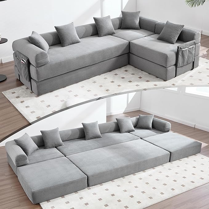 L Shape Convertible Sofa Bed with Cylindrical Pillow and Storage Pocket, Convertible Sofa Couch Bed with Support Frame for Living Room Bedroom Children Room-Grey