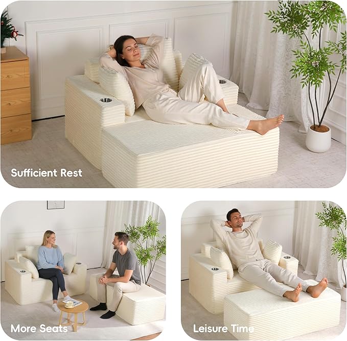 54"W Oversized Chaise Lounge Chair Indoor, Boneless Chaise Lounge Couch, Convertible Comfy Reading Chairs, Compression Sofa with Ottoman, Corduroy Sleeper Couch Chair for Living Room, Beige