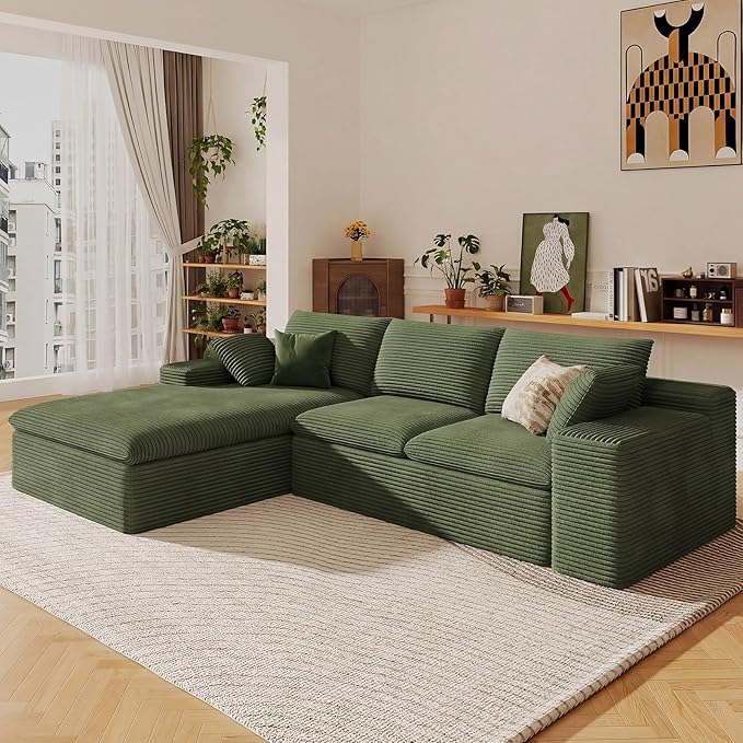 107" Cloud Sectional Couch with L-Shape Chaise, Modern Corduroy Viral Boneless Sofa for Living Room,Memory Foam Couches in a Box with Deep Seat,No Assembly Required (Green,Left-Facing Chaise)