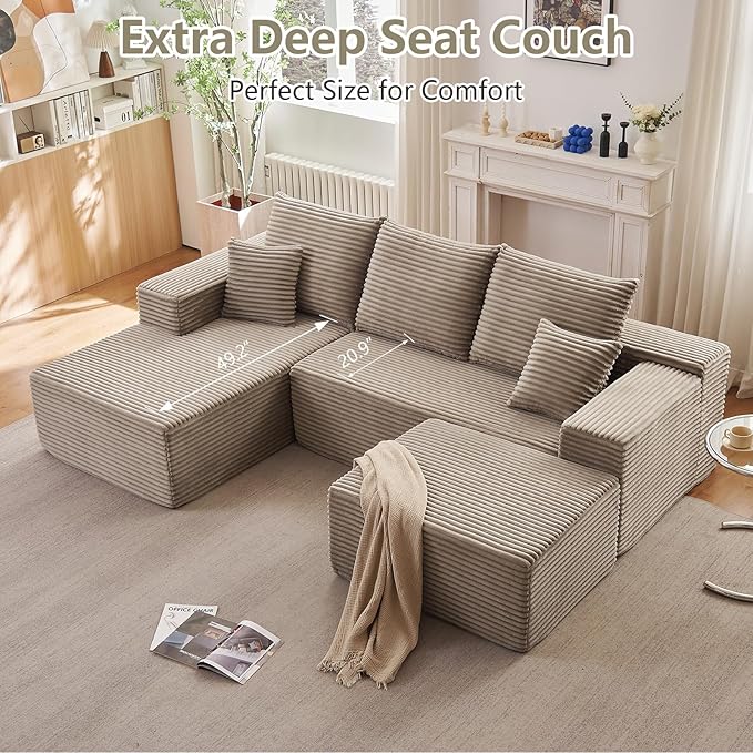Lakifun 107" L-Shape Sofa with Ottoman, Modern Modular Sectional Comfy U-Shape Cloud Couch, Deep Seat, Upholstered Corduroy Sleeper Chaise Longue for Living Room Bedroom, No Assembly Required, Camel
