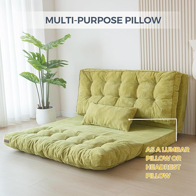 MAXYOYO Bean Bag Bed Tufted Folding Sofa Bed with Pillows Floor Mattress for Adults, Extra Thick and Long Floor Sofa, Twin Couch for Bedroom Living Room, Green, 39x91 Inch