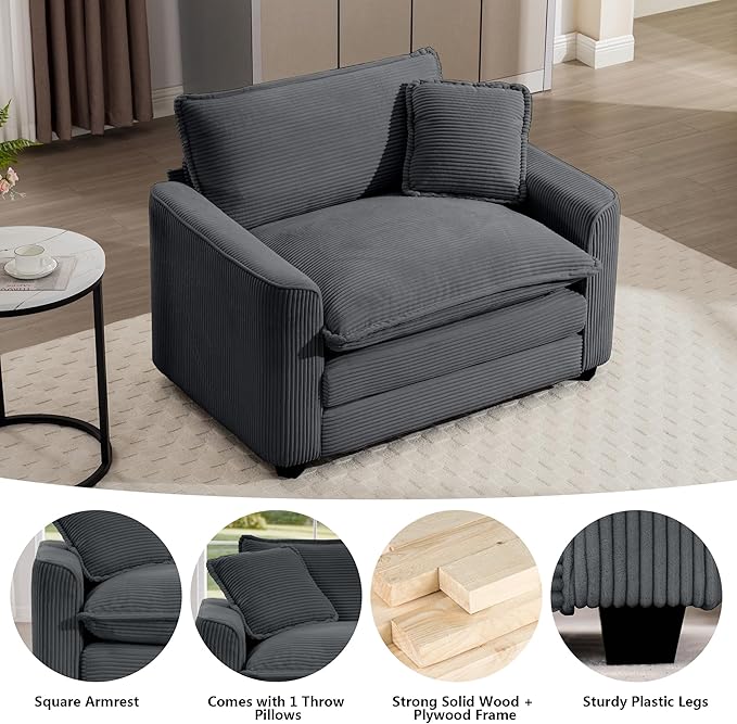Aoowow Corduroy Large Armchair,Modern Oversized Single Sofa Chairs with Throw Pillow,Deep Single Cloud Sofas Couches for Living Room,Tufted Oversized Accent Arm Chair (Grey, Sofa Chair)