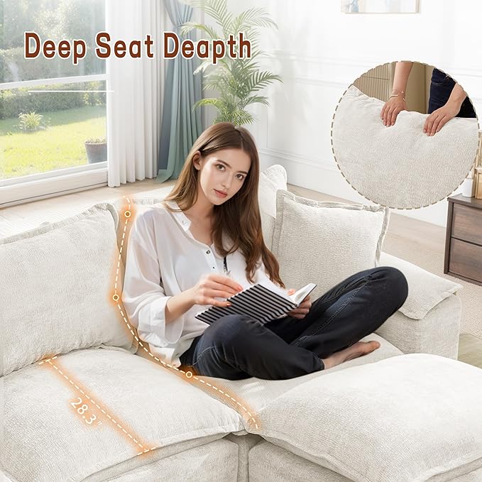 Korser 122" Sectional Couches for Living Room, Modular Boneless Sofa, Cloud Sofa, Fluffy Cushions, Double-Layer Cushioned, with Convertible Ottoman