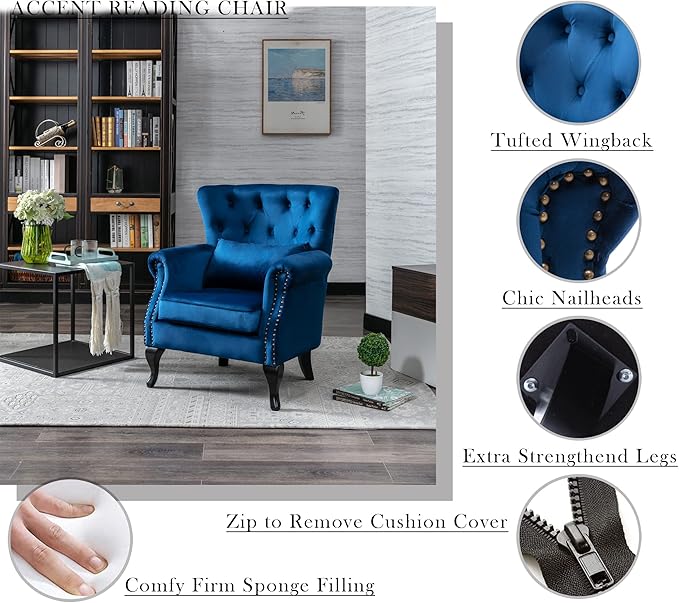 Janoray Mid Century Modern Accent Chair Upholstered Armchair Comfy Velvet Fabric Single Sofa with Tufted Wingback for Small Spaces Bedroom Living Room, Blue