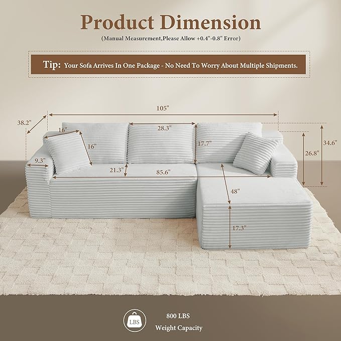 105" Sectional Couches for Living Room Cloud Couch Sofa with L-Shape Upholstered Boneless Couchs Modern Modular Sectional Couch with Chaise (Light Grey, 105" W+Right Facing Chaise+2Seaters)