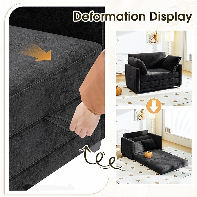 51" Convertible Loveseat Sofa Bed, 2-in-1 Folding Sofa Bed with 2 Pillow for Small Spaces, Modern Loveseat Sleeper Couch for Apartment, Living Room & Guest Room (Chenille Black, 51 inch)
