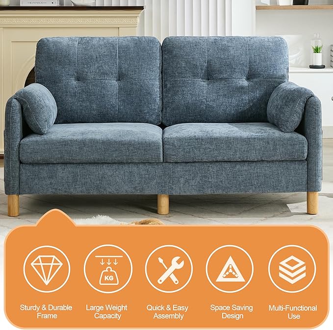 WUTUTUEE 65" Chenille Loveseat Sofa, Modern 2-Seater Love Seat Couch with Armrest Pillows, Storage Pockets, Easy Assembly, Upholstered Tufted Loveseat Sofa Couches for Living Room Bedroom, Blue