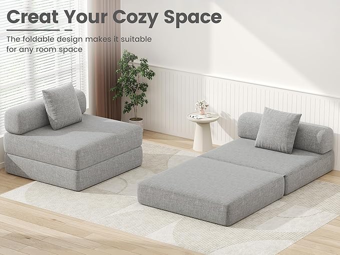 DURASPACE Folding Sleeper Sofa Bed Convertible Foam Floor Mattress Couch, Single Boneless Fold Out Lounger Chair Bed for Living Room Bedroom (Chenille Gray)