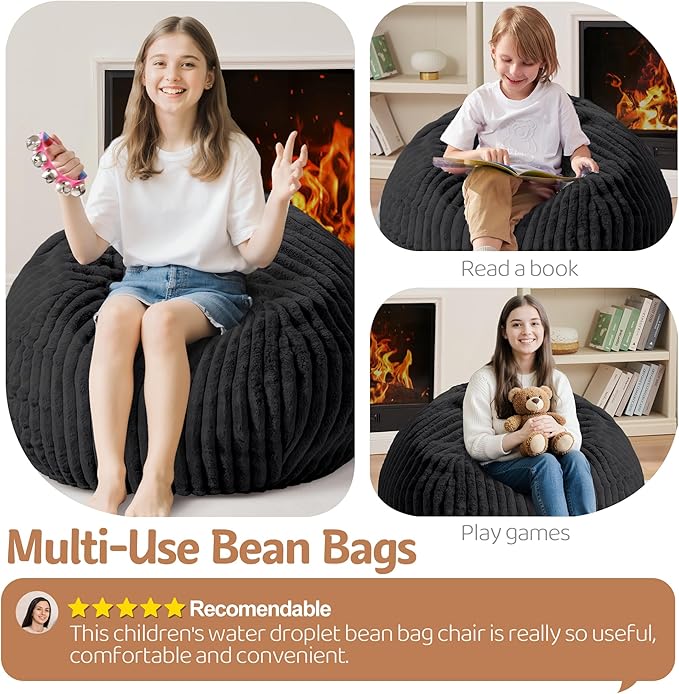 Homguava 2FT Bean Bag Chair, 2' Small Bean Bags with Memory Foam Filled, Beanbag Chairs with Machine Washable Cover Dutch Corded Plush Cover for Classroom,Living Room,Bedroom-Black