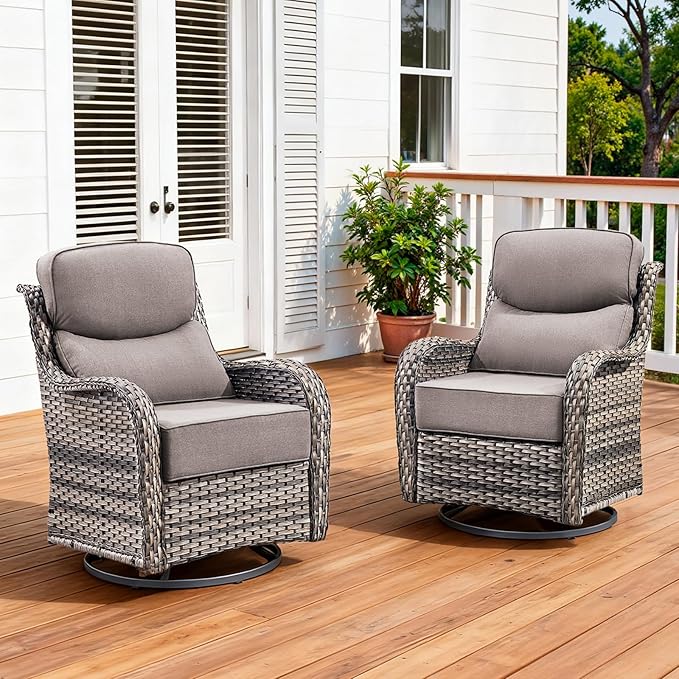 Pugire Luxury Outdoor Swivel Rocker Patio Chairs Set of 2 with 6-Inch Thick Cushions, High Back Swivel Patio Chairs Wicker Outdoor Gliders for Porch, Yard, Deck, Poolside, Grey
