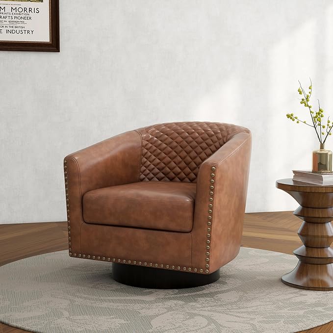DREAMSIDEA Swivel Barrel Accent Chair, Comfy Modern Upholstered Round Faux Leather Arm Chair for Living Room, Bedroom（Brown, Set of 4