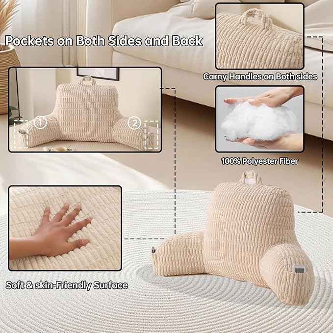 PAJEO Reading Pillow for Sitting in Bed, Large Backrest Reading Pillow with Arm Rest,Back-Rest Support Cushion for Sit Up on Couch, Sofa, and Floor, Dorm Essentials (Cream Corduroy, Standard(17"))
