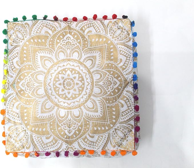 CRAFT KALA 24" Square Large Hippie Mandala Meditation Floor Ottoman Pillow Cushion Pouf Cover Square Poufs Bohemian Circle Floor Cushion Case Outdoor Fireplace Living Decor Cover White Gold Flower