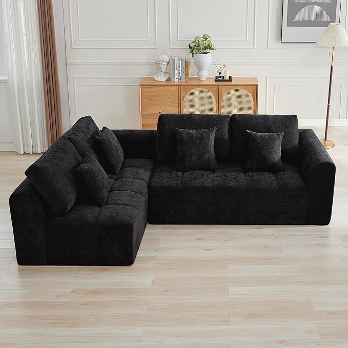 110''Modular Sectional Couches for Living Room, Cloud Boneless Compressed Sofa Left Facing Chaise, Oversized L Shaped 4 Seater Memory Foam Sofa, No Assembly, Chenille Black