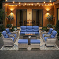 HUMMUH 10 Pieces Outdoor Furniture Set with Fire Pit 6-inch Cushions High Back Patio Furniture Set Wicker Swivel Rocker Chairs Sofa for Porch,Deck,Backyard