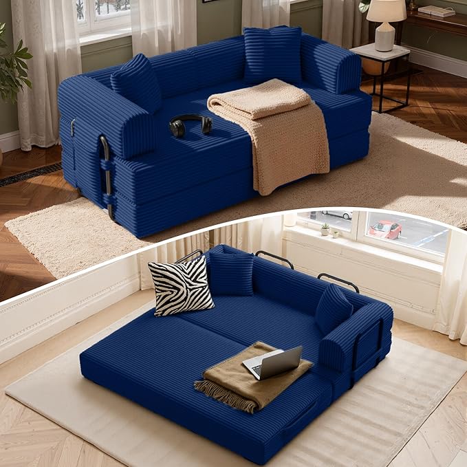 Convertible Corduroy Sleeper Sofa Bed with Cylindrical Pillow, Folding Mattress Couch with Fixed-Shape Frame, Floor Sofa Lounge Couch for Living Room Bedroom Lounge Studio, Blue