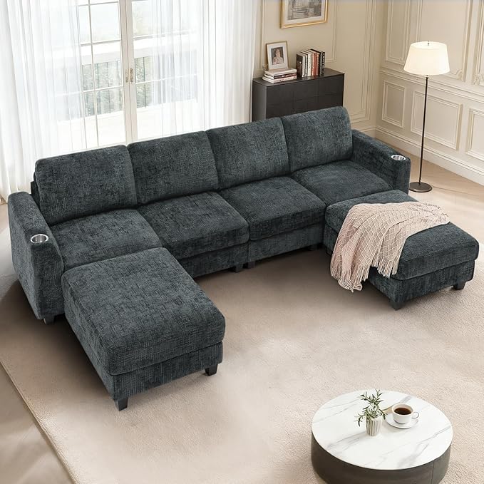 Lesofair 110" Convertible U-Shape Couch with 2 Flexible Ottomans, Soft Sectional Sofa with Durable Cup Holders, Chenille 4 Seater Sofa with Well-Filled Backrest for Living Room, House, Grey