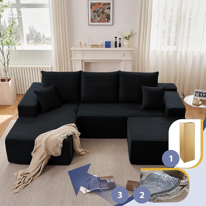 107" W Cloud Sectional Couch with Ottoman,Modern U-Shaped Cloud Couch with Deep Seat,Comfy Corduroy 3-Seater Sofa,Memory Foam Sofa for Living Room,No Assembly (Black,Left-Facing Chaise)