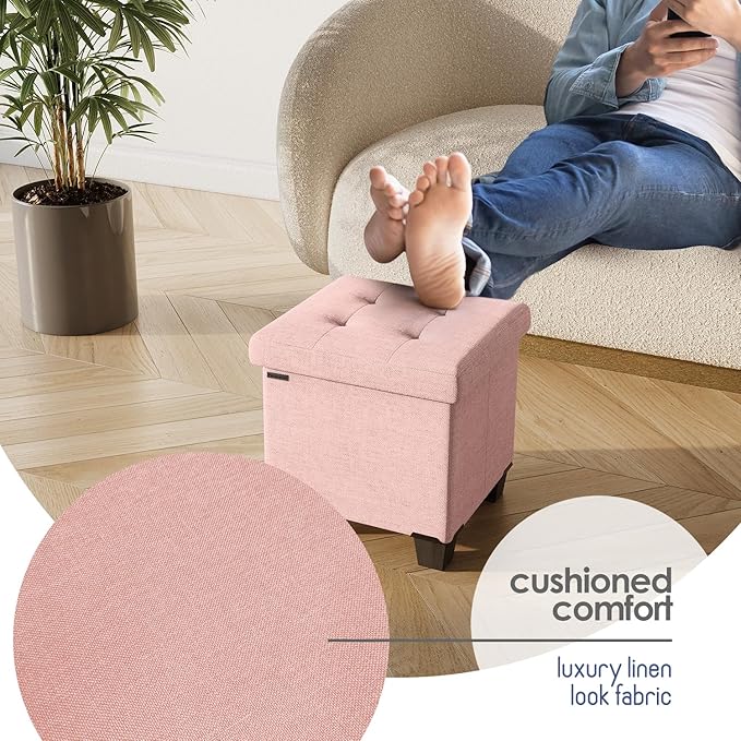 Storage Ottoman Cube with Small Bin, 16-in Square Ottoman with Storage for Living Room and Bedroom, Small Ottomans Foot Rest, Fabric Foot Stools Ottomans Max 330lbs, Pink