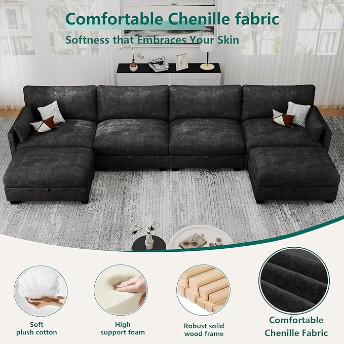 Modular Sectional U Shaped Sofa Couches for Living Room, Cloud Couch with Storage Ottoman, Comfy Chenille Sofa with Pillow, Black
