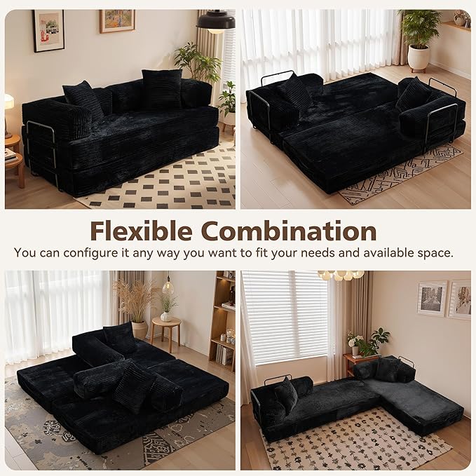 4-in-1 Folding Sofa Bed, 78" Oversized Corduroy Sleeper Chair, Convertible Loveseat to Floor Bed with Storage Pockets, Boneless Design for Living Room, Bedroom & Small Spaces