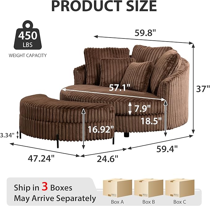 Chifee & Vingol 59.8" W Oversized Accent Round Chair Large Barrel Chair with Ottoman & Movable Wheels & 5 Pillows, Faux Fur Fabric - Brown