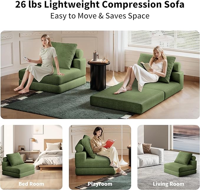 Folding Sofa Bed – Convertible Sleeper Chair Bed with Pillows/Single Floor Couch/Small Futon Couch Filled with High-Density Foam for Lounge, Guest Room or Office (Green)