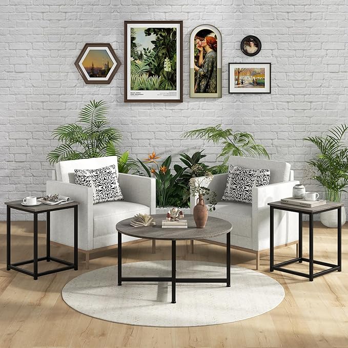 Giantex Round Nesting Table Set of 3, Farmhouse Coffee Table w/2 End Tables, Sturdy Metal Frame, 3-Piece Wooden Living Room Table Set for Home Office, Apartment (Black Oak)