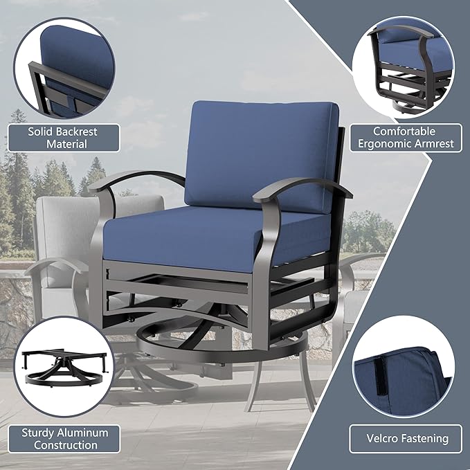 RTDTD Aluminum Outdoor Patio Furniture Set,7 Seats Patio Conversation Sets with Rectangular Coffee Table,Metal Patio Sectional Furniture Set with 2 Swivel Rocking Chairs,Navy Blue