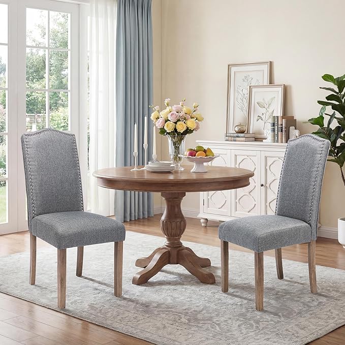 Upholstered Dining Chair Stylish Parsons Kitchen High Back with Silver Nailhead Trim & Wood Legs, 2-Pack, Fabric Classic Grey