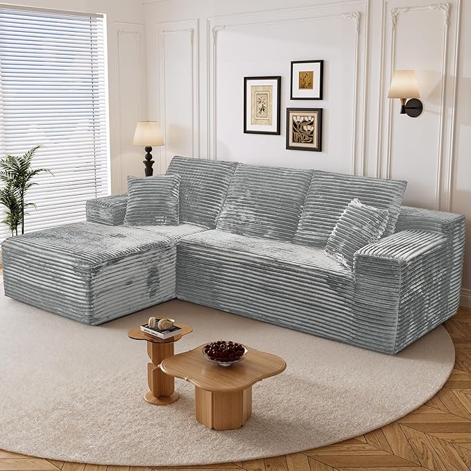 108" Boneless Cloud Sectional Couches for Living Room, Comfy Fluffy L Shaped Memory Foam Deep Seat Boneless Couch, Modular Sectional Sofa with Left Facing Chaise, Grey